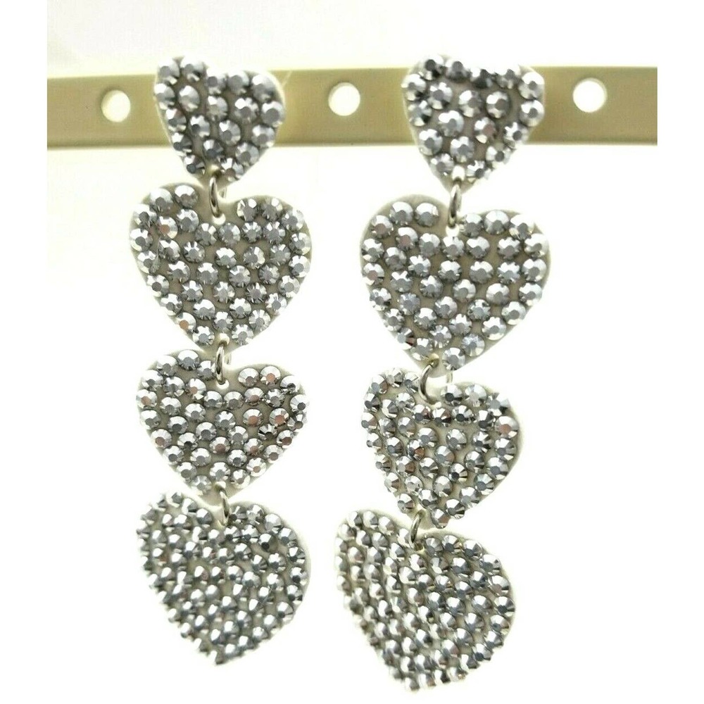 Heart Dangle Earrings Silver Beads 3.5" Drop